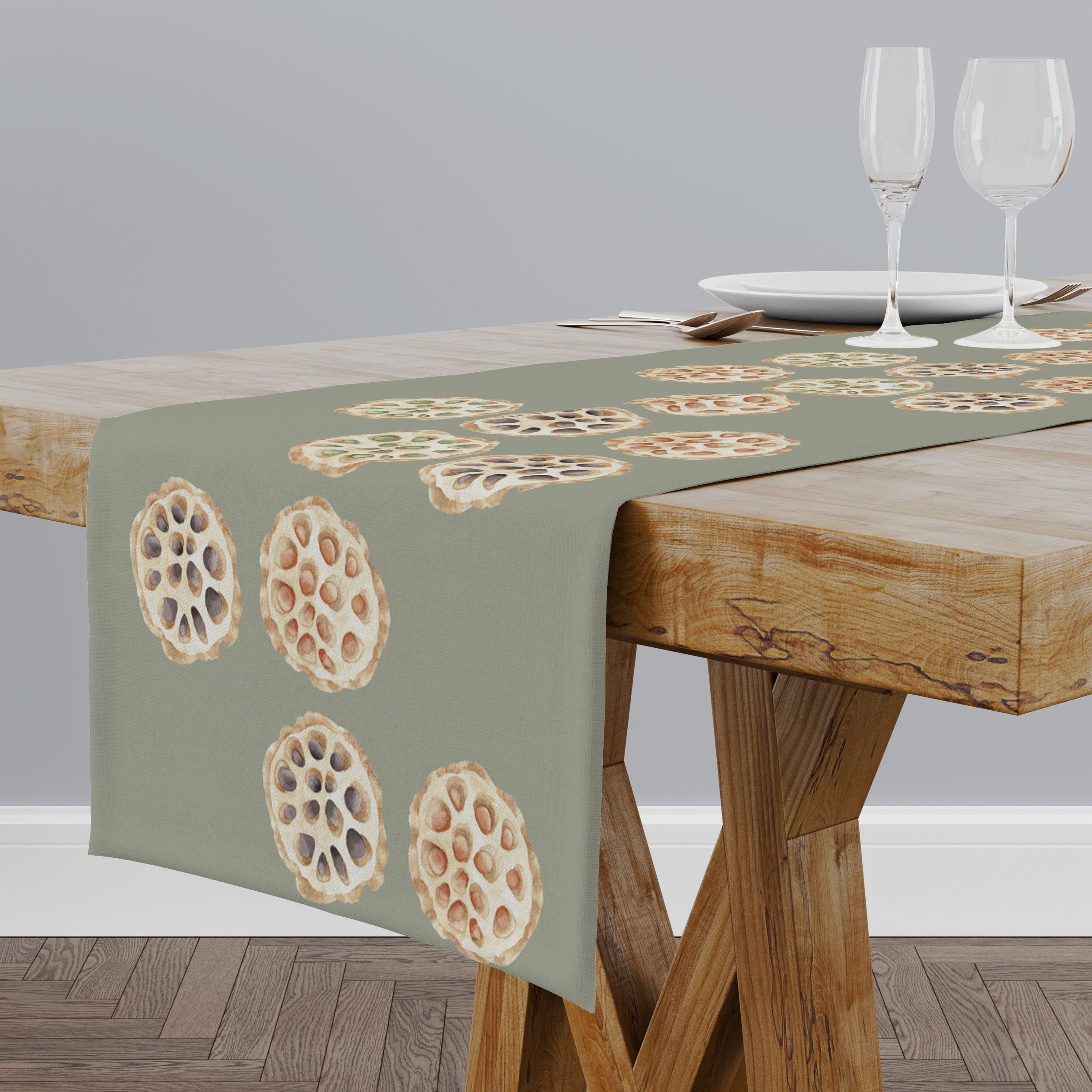 Lotus Seed Pods on Sage Table Runner