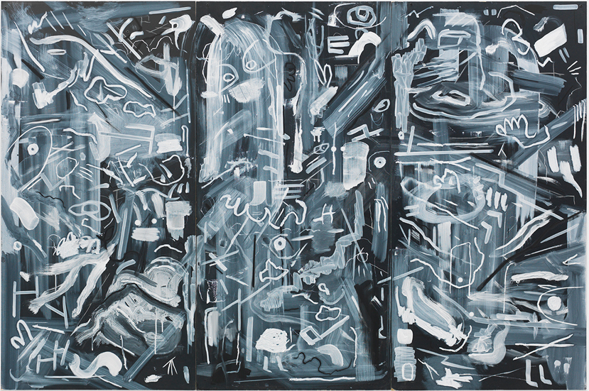 Matthew Kirk, Fancy Night , 2014; oil stick, tempera on masonite blackboard; 48 x 72"