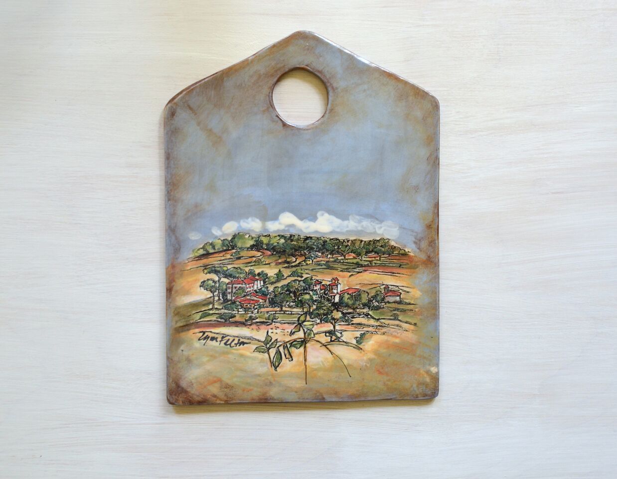 Cheese Board, Tuscan Landscape, Low Fire Clay, Screenprinted w/ Underglaze and Glaze, 8 1/2"w x 11 1/2"h x 1/4"d