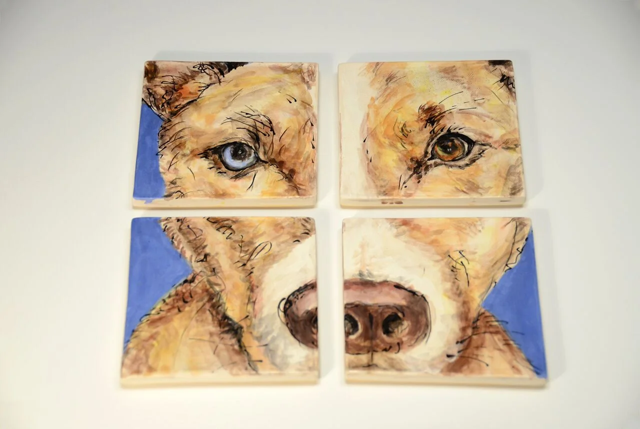 Eli, Ceramic Coaster Set, Low Fire Clay, Underglazes and Glaze,8 1/2" x 8 1/2", each 4 1/4" x 4 1/4",