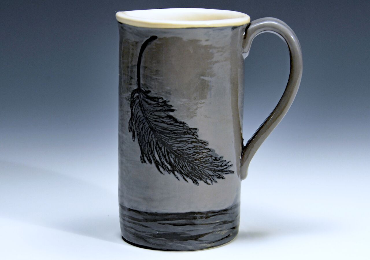 Tall Grey Feather Mug, Stoneware, Screenprinted with Underglazes and Glaze, 3 1/4"w x 5 3/4"h