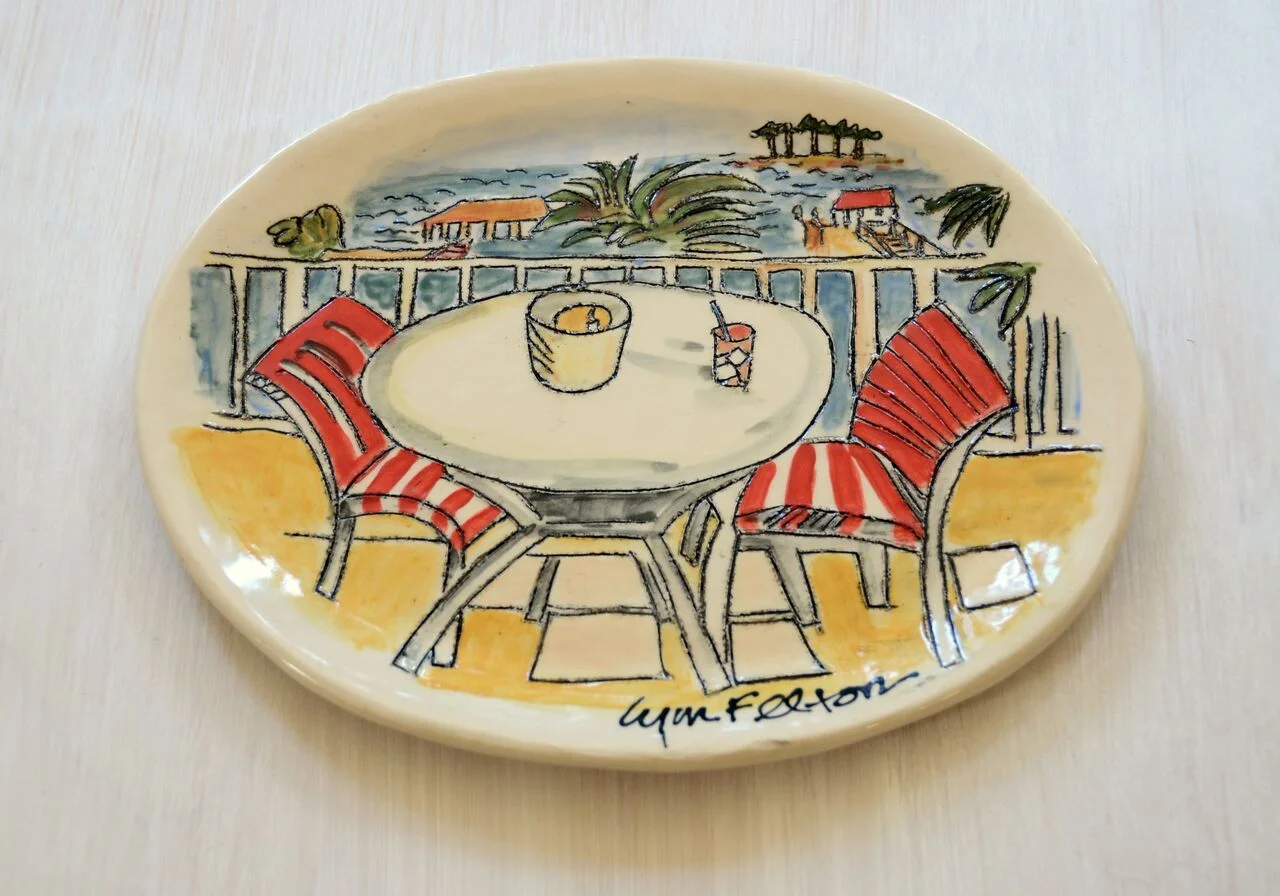 Drinks on the Porch, Stoneware, Underglaze and Glaze, 10"w x 8"h x 1/2"d