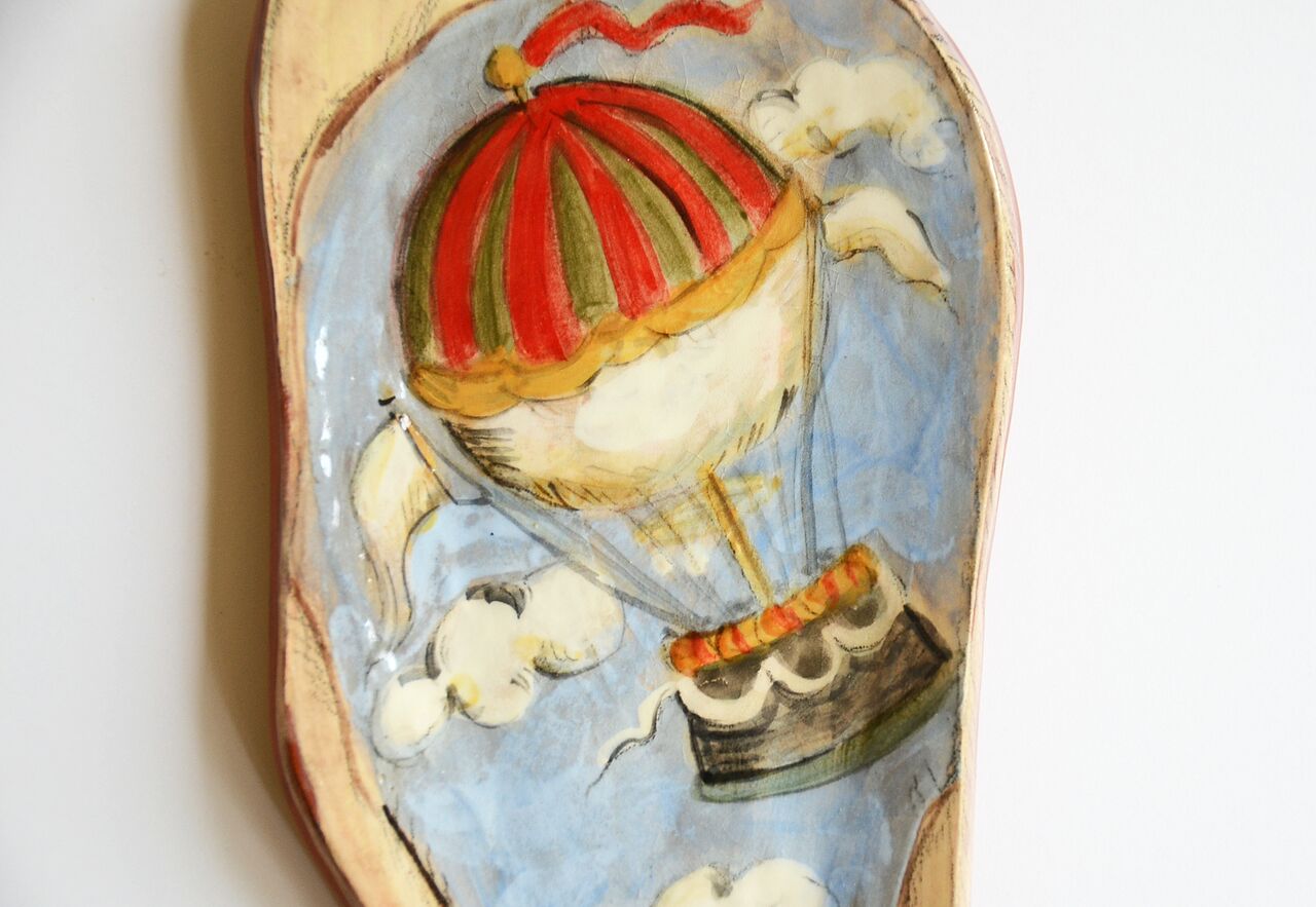 Up, Up and Away, Earthenware Spoon Rest, Underglazes and Glaze, 4 1/2"w x 9 1/2"h x 1/2"d