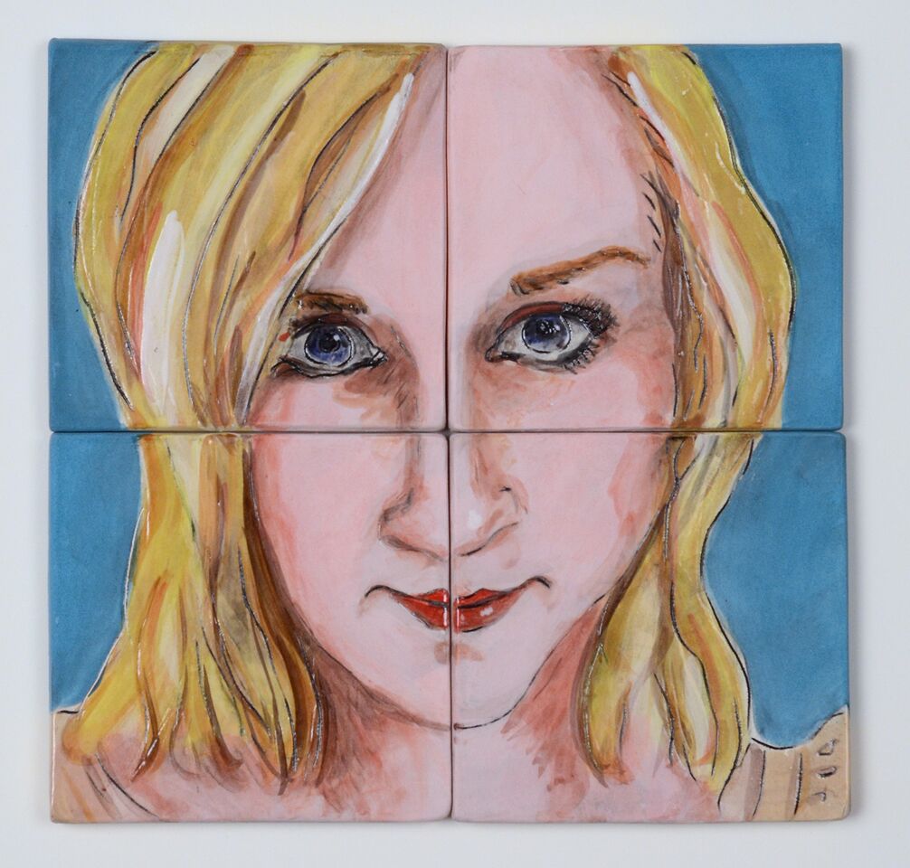 Being Blonde, Ceramic Coaster Set, Low Fire Clay, Underglazes and Glaze, 8 1/2" x 8 1/2", each 4 1/4" x 4 1/4"