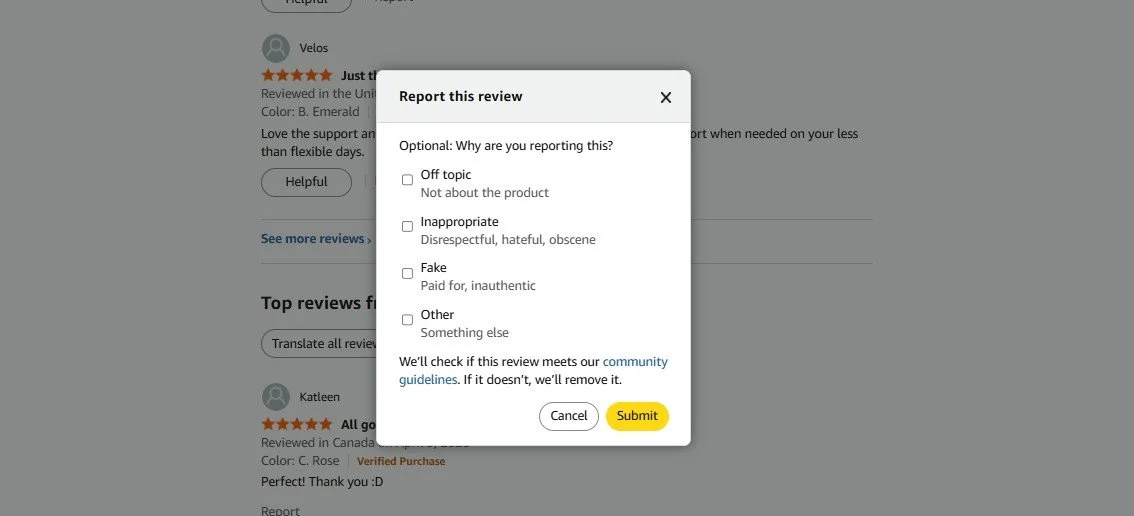 Amazon detail page Report abuse link used to flag a review that violates the guidelines