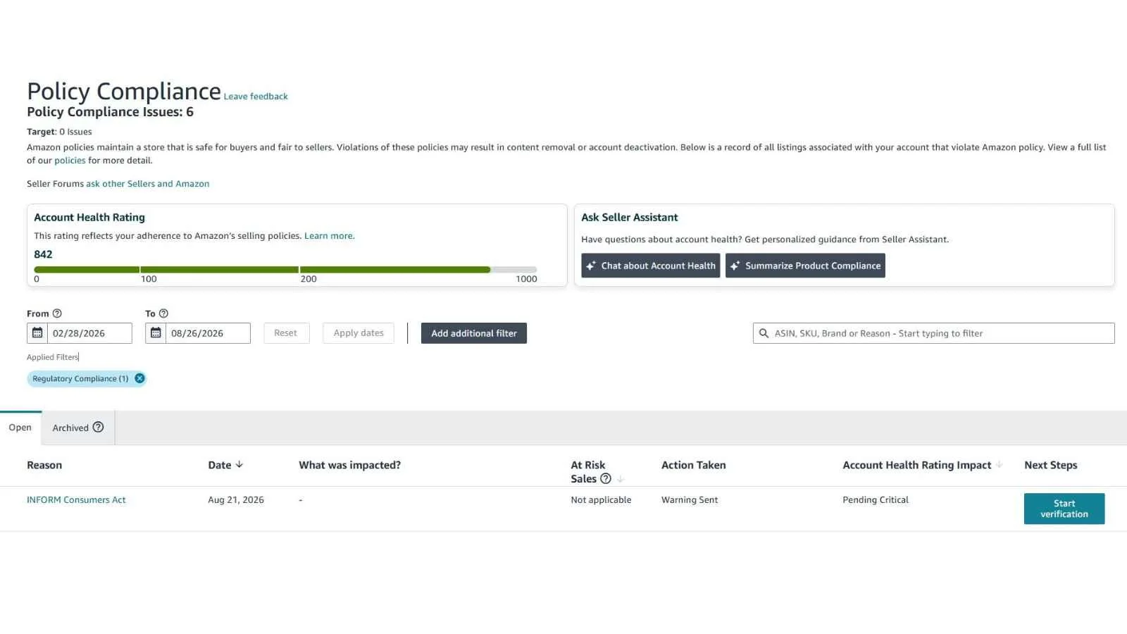 Image of the seller central amazon account helath page showing a INFORM Act due date