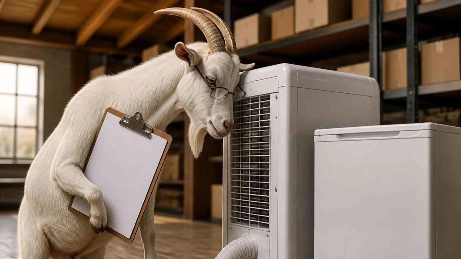 Goat Consulting goat inspecting a portable air conditioner and mini fridge while reviewing Amazon refrigerant questions for a listing