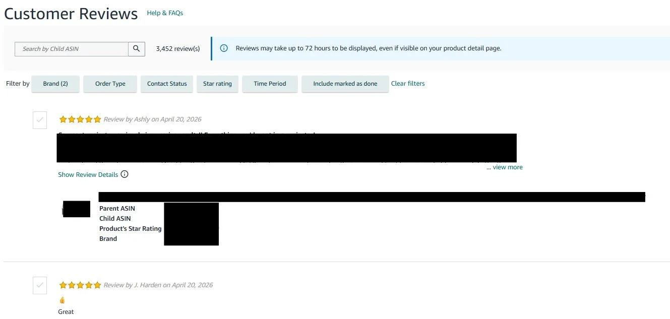 Amazon Seller Central Customer Reviews report showing star ratings and review text for an ASIN