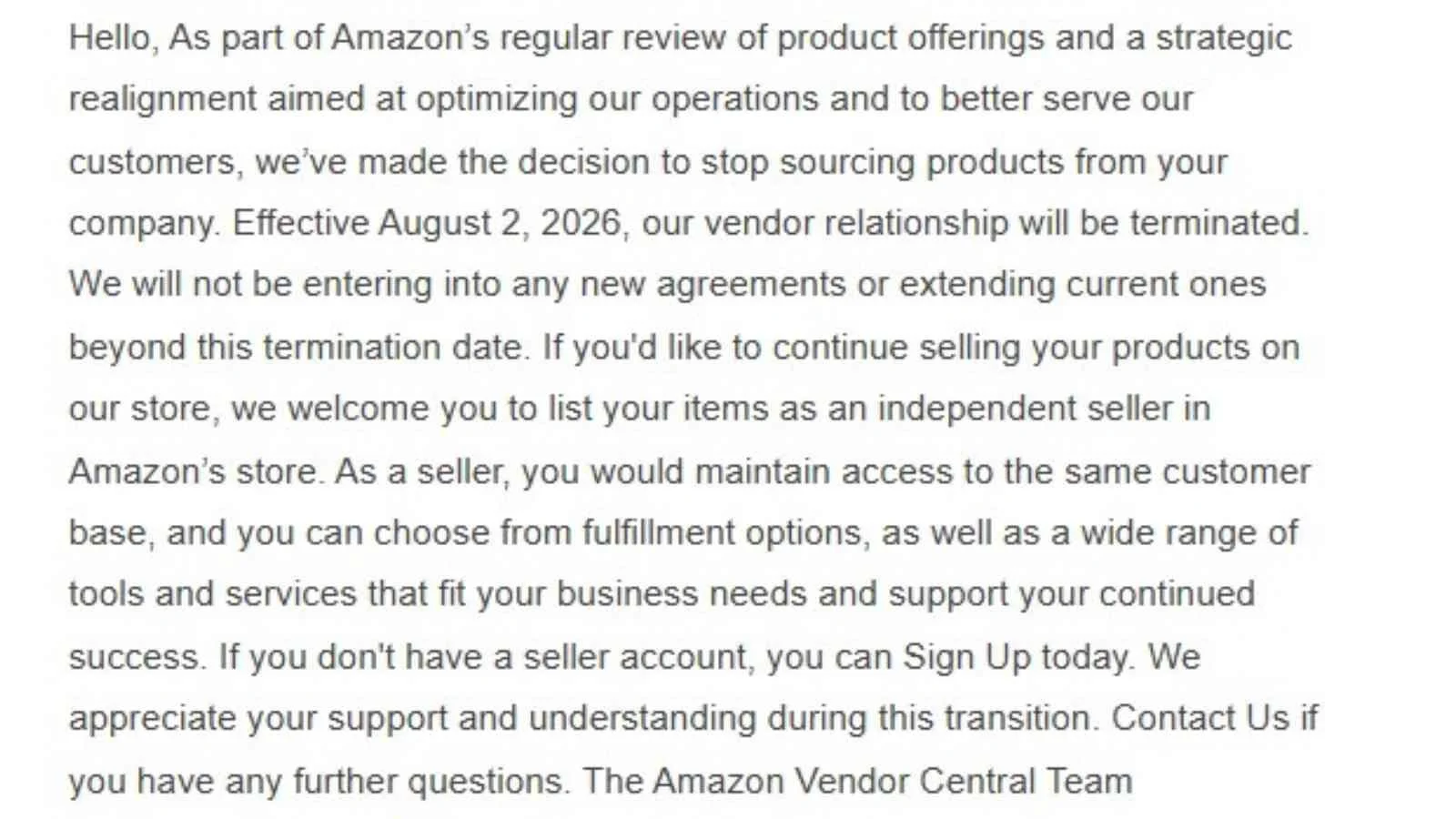 Amazon Vendor Central termination notice stating the vendor relationship ends August 2, 2026.