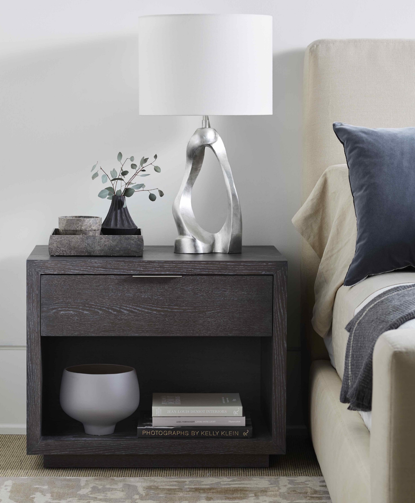 Grey-stained oak with cerused finish.