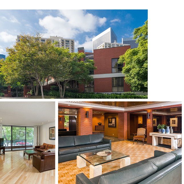 West facing unit with tree top views & tons of potential in chic mid-century modern style building. Coveted floor plan features 2 en-suite Bedrooms separated by kitchen, dining, and living room w fireplace & balcony. Laundry in-unit.