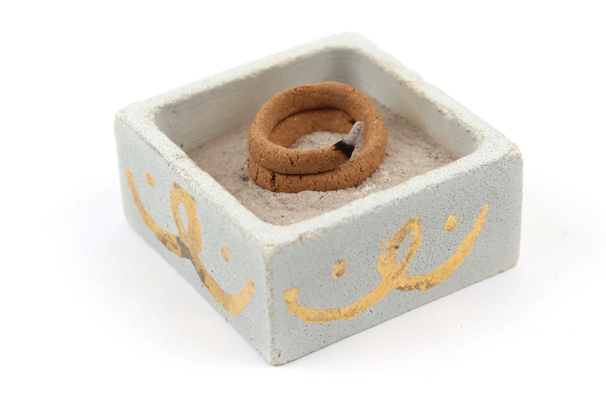 “Ring On Fire”, 2019, Media: incense, ash, concrete burner