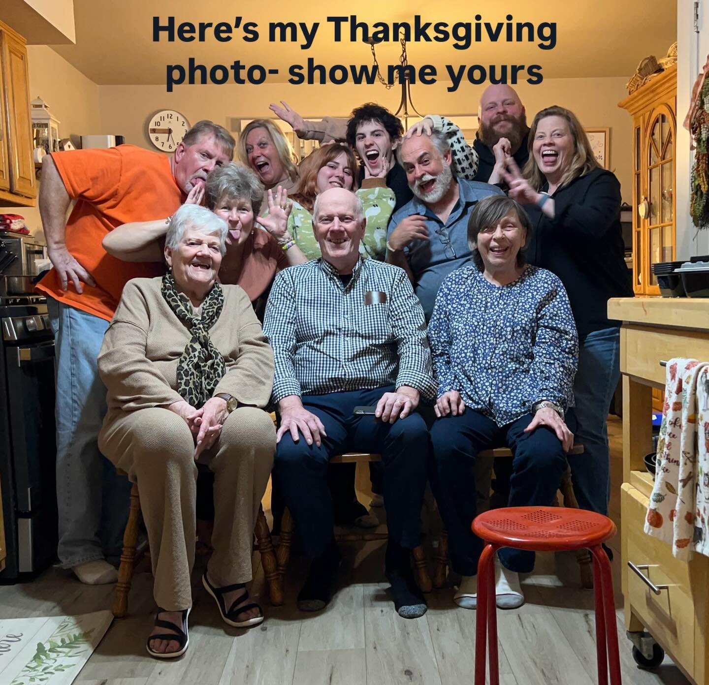 I balanced my phone on a stack of orange plastic cups on the beverage table, and I stabilized it with random bottles on each end. Nothing fancy, but I love it, and this tradition, so much!  I hope you all are having a lovely Thanksgiving day and week