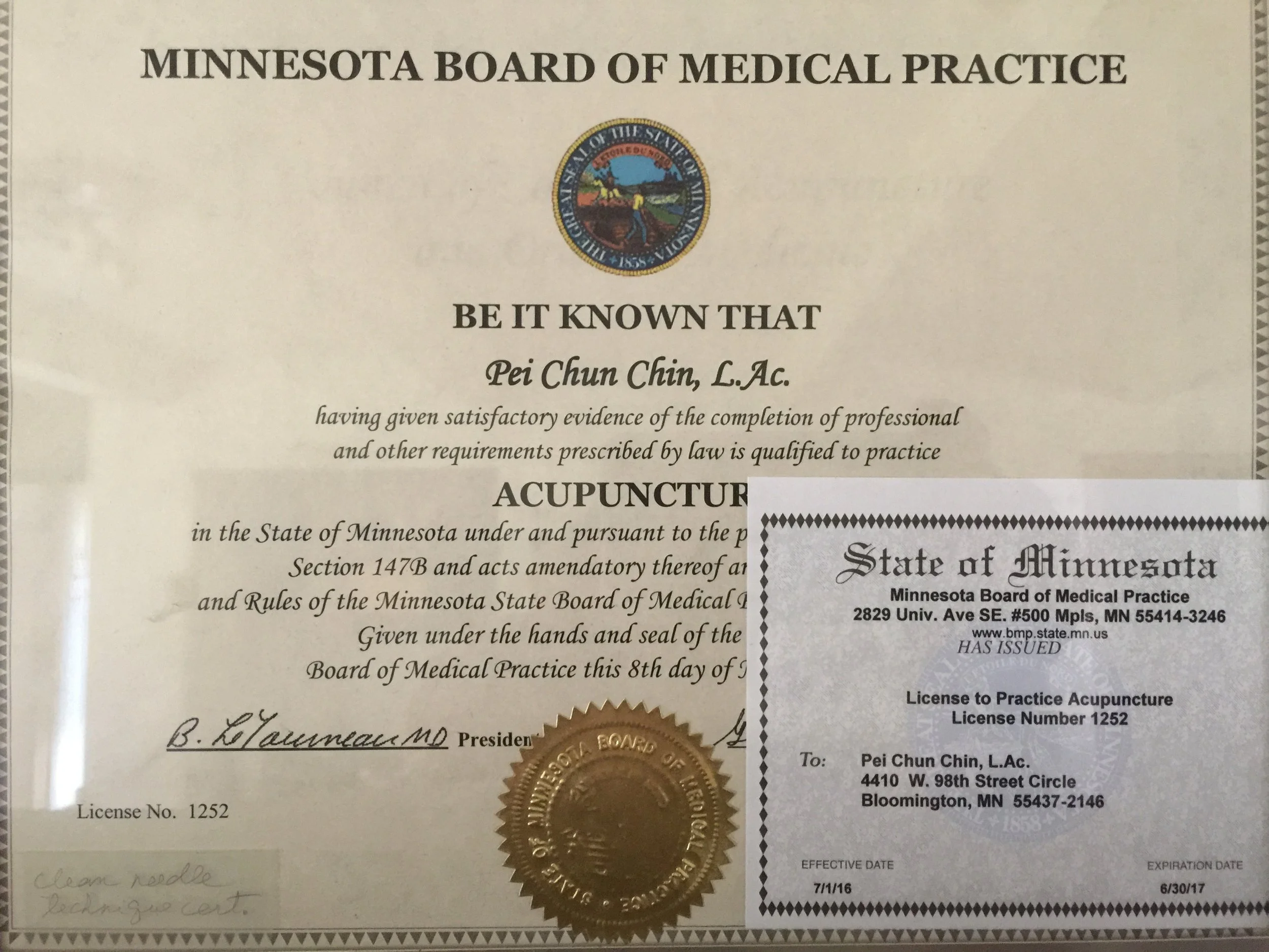 Certificate issued for Dr. Chin by Minnesota Board of Medical Practice