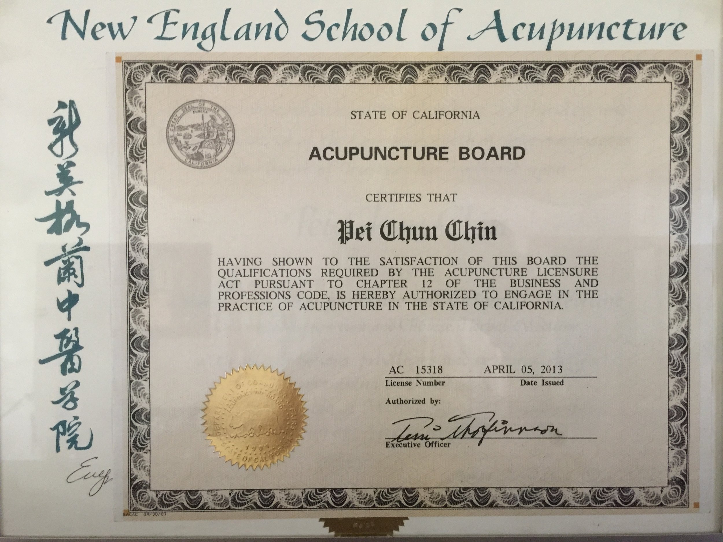 Certificate issued for Dr. Chin by California Acupuncture Board