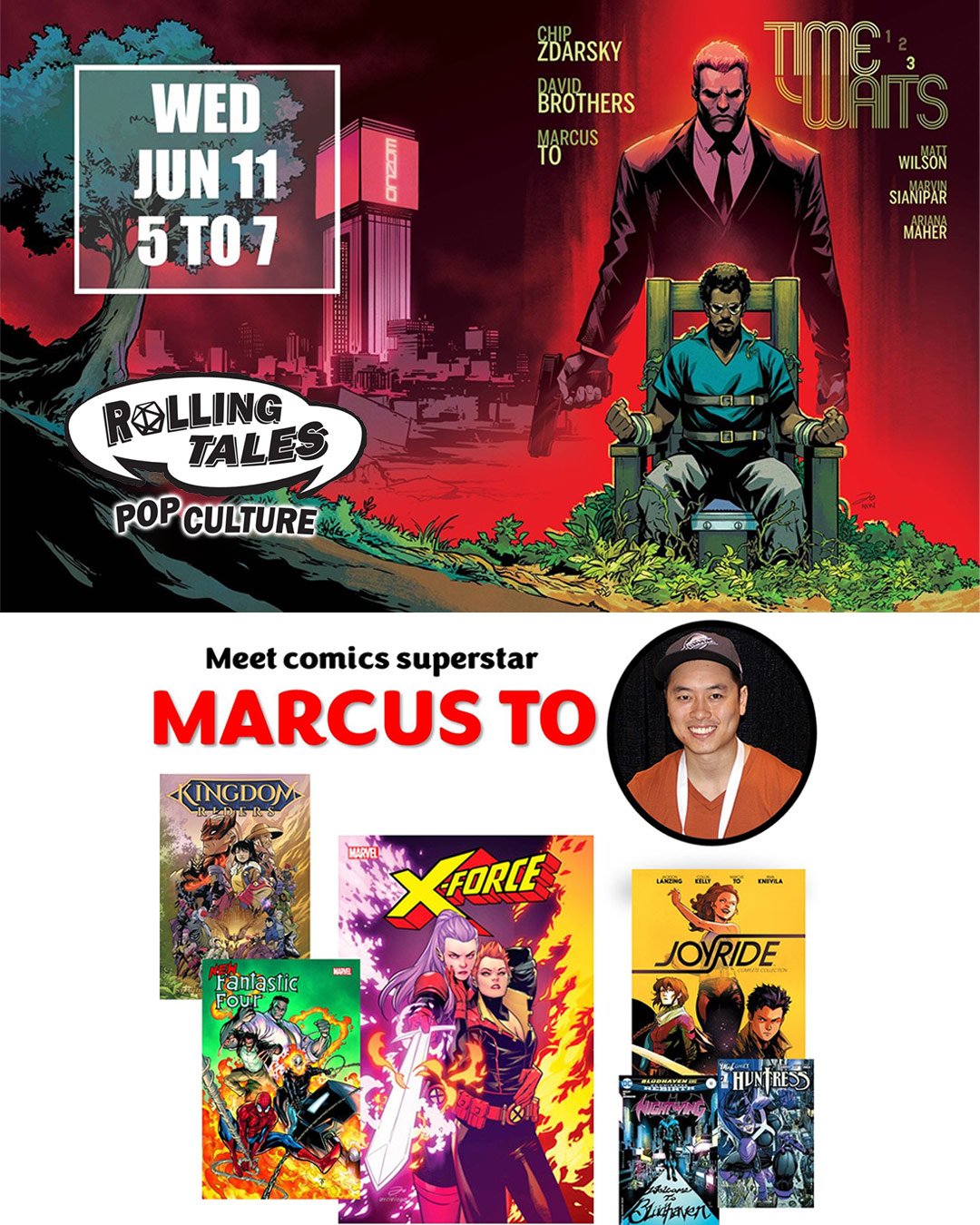 📢 Happening this week at @rollingtalesyeg! 

Red Deer born comics superstar 𝗠𝗮𝗿𝗰𝘂𝘀 𝗧𝗼 will be making a special stop at Rolling Tales for a 𝗢𝗻𝗲 𝗡𝗶𝗴𝗵𝘁 𝗢𝗻𝗹𝘆 𝗮𝗽𝗽𝗲𝗮𝗿𝗮𝗻𝗰𝗲 𝗼𝗻 𝗝𝘂𝗻𝗲 𝟭𝟭!

💥 With a stellar list of credits