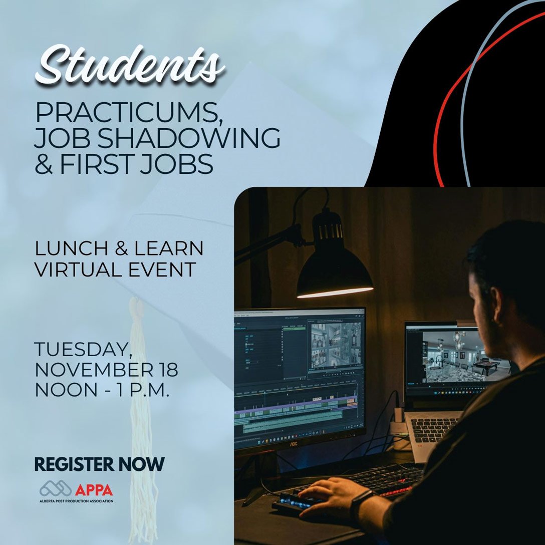 📢 𝗔𝗧𝗧𝗘𝗡𝗧𝗜𝗢𝗡 𝗔𝗟𝗟 𝗦𝗧𝗨𝗗𝗘𝗡𝗧𝗦 &amp; 𝗥𝗘𝗖𝗘𝗡𝗧 𝗚𝗥𝗔𝗗𝗦!

We&rsquo;re excited to share this upcoming online session from our friends at @albertapostproductionassociation (APPA)! 🎥

Join them online on 𝗡𝗼𝘃𝗲𝗺𝗯𝗲𝗿 𝟭𝟴𝘁𝗵, ?