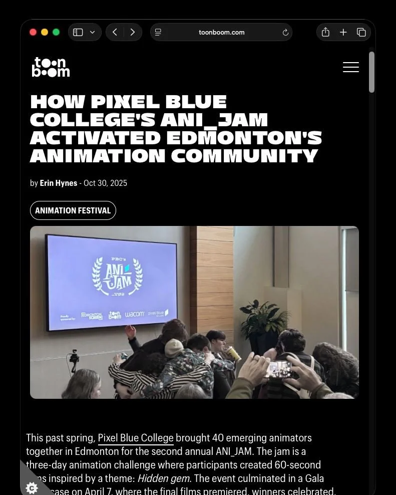 🙌 A 𝗛𝗨𝗚𝗘 𝗧𝗛𝗔𝗡𝗞 𝗬𝗢𝗨 to our friends at @toonboomanimation for featuring Pixel Blue College in their recent blog post, &ldquo;How Pixel Blue College&rsquo;s ANI_JAM Activated Edmonton&rsquo;s Animation Community.&rdquo; 🔗 Find the link in 