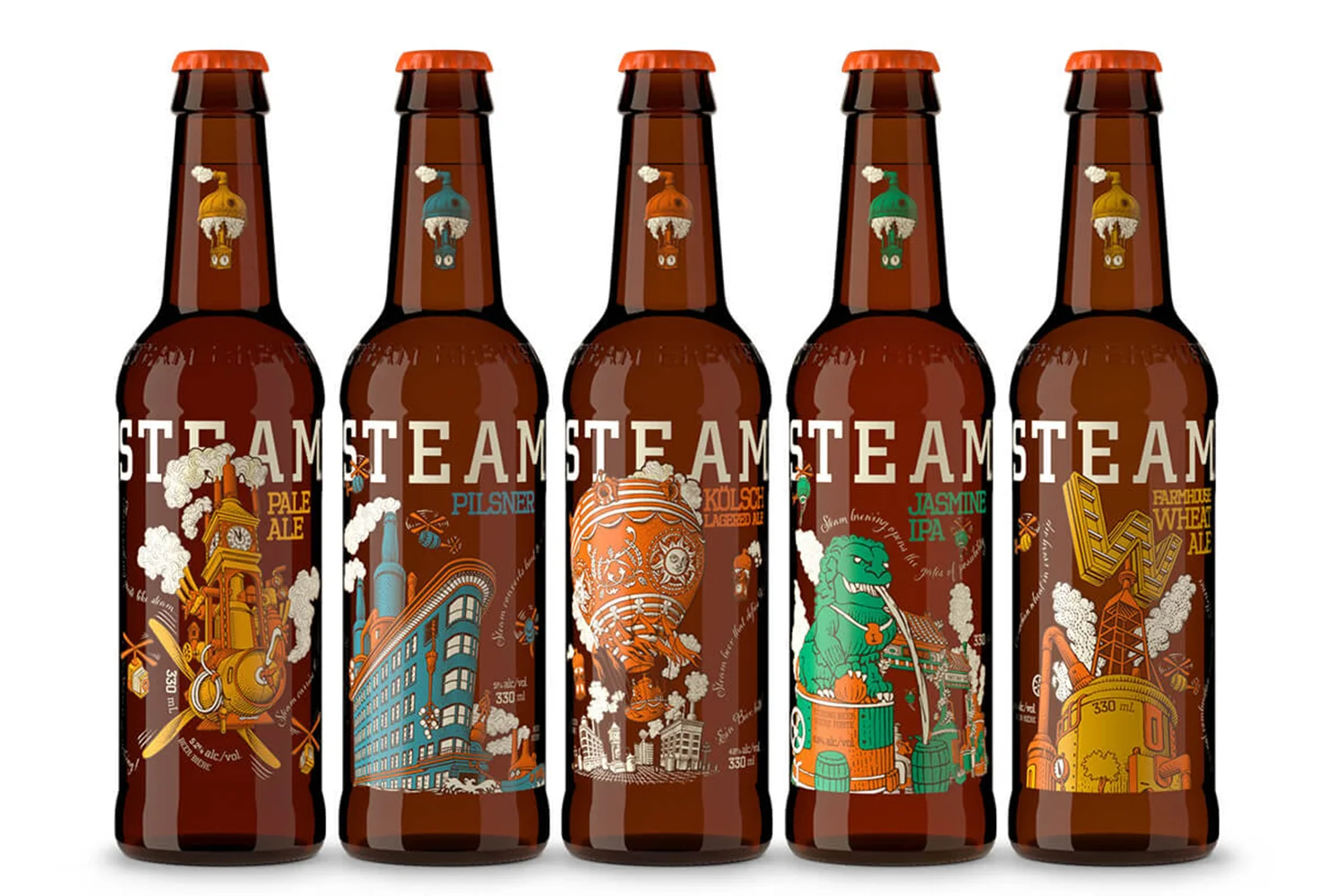 SteamWorks range of bottles and clever use of secondary colors - Art Direction Laurie Millotte