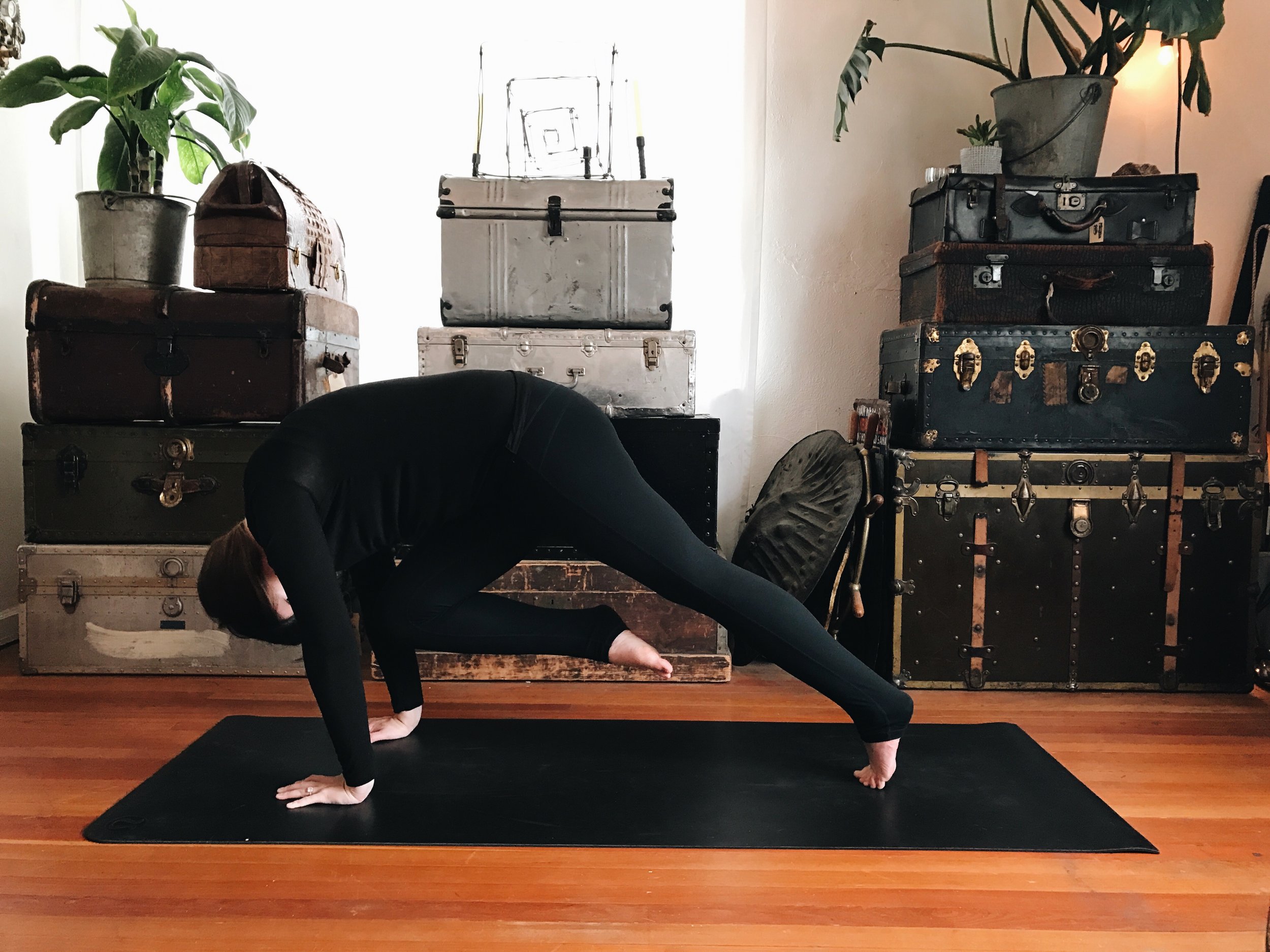 Coming up on the tip-toes, engaging the core, bring your knee to your elbow. 