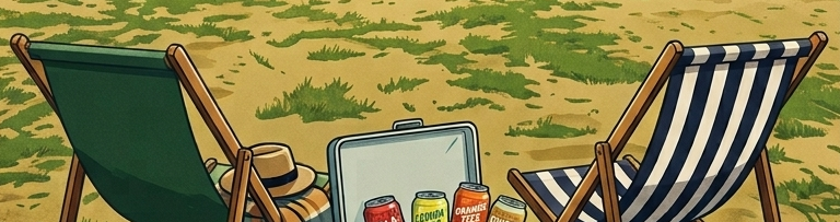 Two beach chairs, a hat, and a cooler with drinks on a sandy football pitch