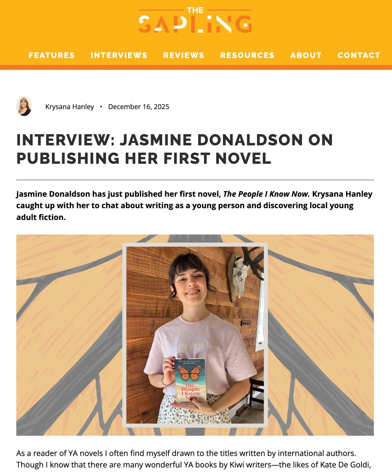 Such a lovely interview with Jasmine Donaldson in @thesaplingnz! Well worth a read, and so is her debut novel, 'The People I Know Now' 🦋

Link to the full interview is in our bio. 

@yabooksbyjaz #ThePeopleIKnowNow #YAFiction
