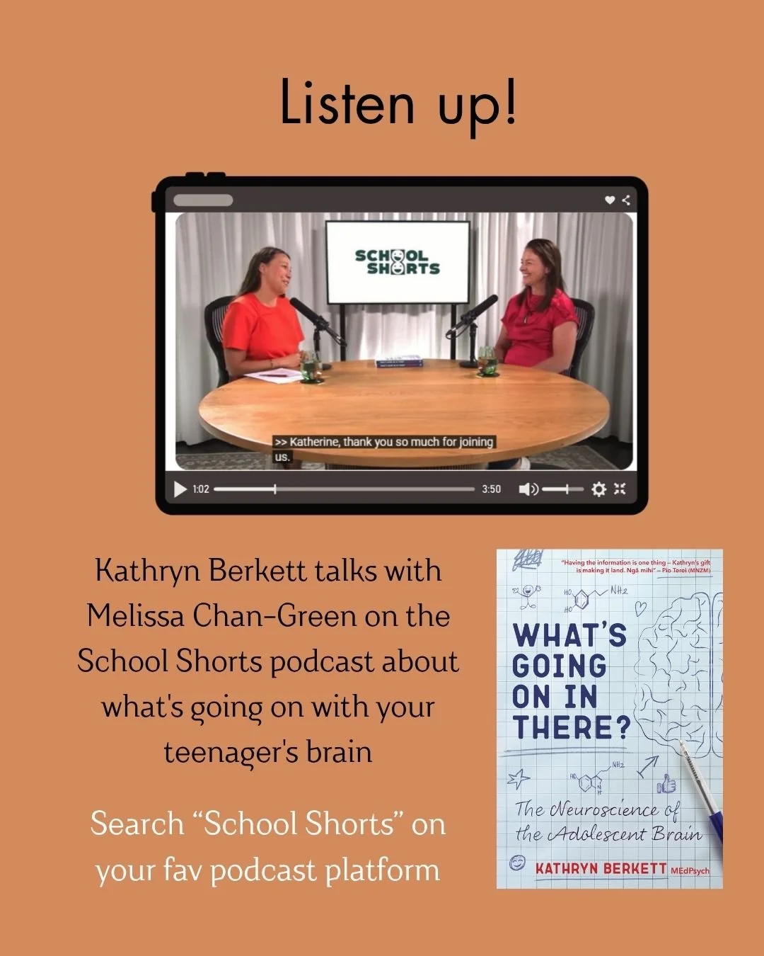 So cool to see Kathryn Berkett, author of the fascinating and helpful book about the neuroscience of teenagers, sharing her insights with Melissa Chan-Green on her @schoolshortsnz podcast.

Kathryn's book, "What's Going On In There?", has r
