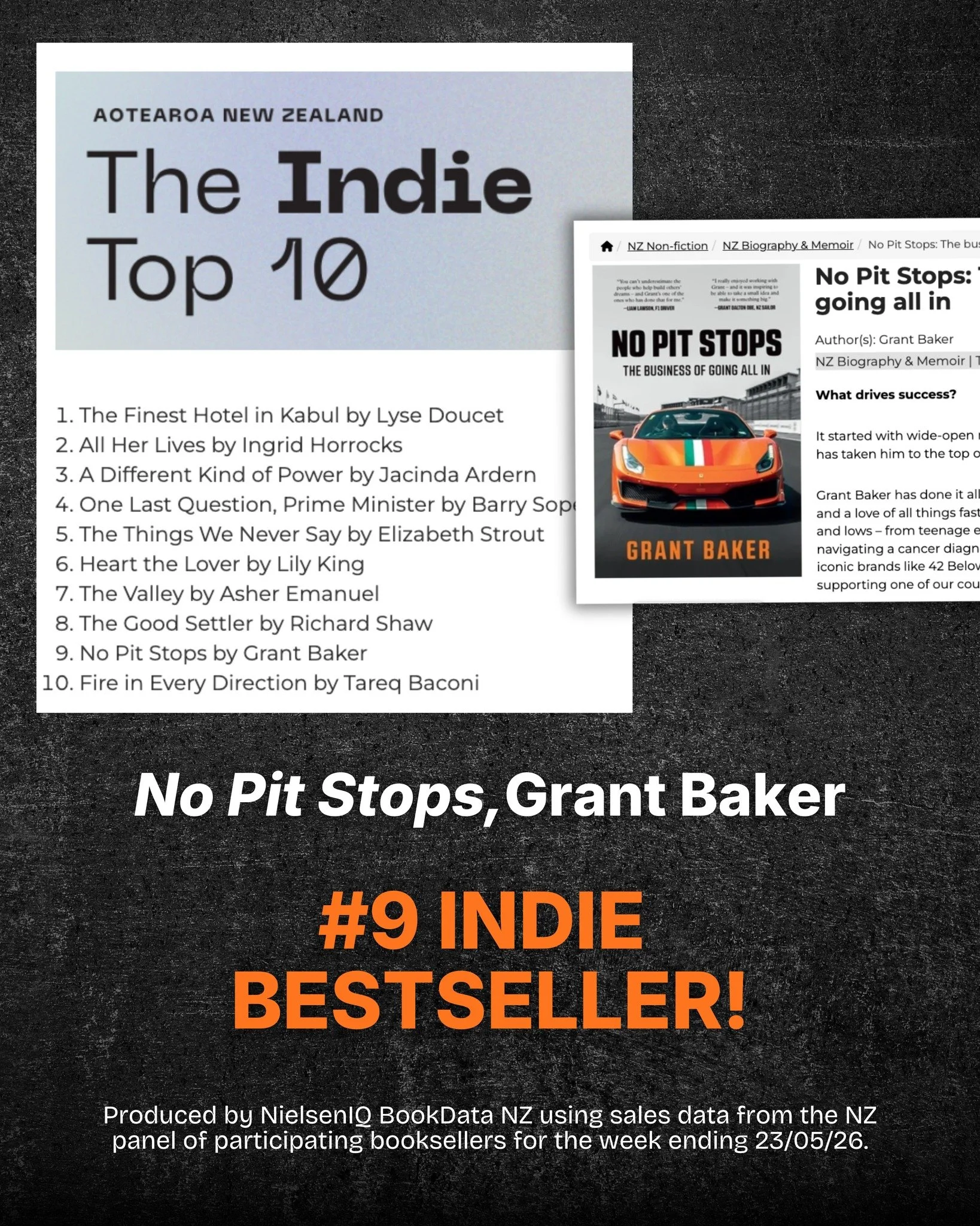 Woohoo! 'No Pit Stops' by @grantkbaker has officially hit #9 on the Nielsen Indie Top 10 for the week ending 23 May 2026.

This one has been flying out the door. Every time Grant shares a bookstores post, it sells out again somewhere, and our distrib