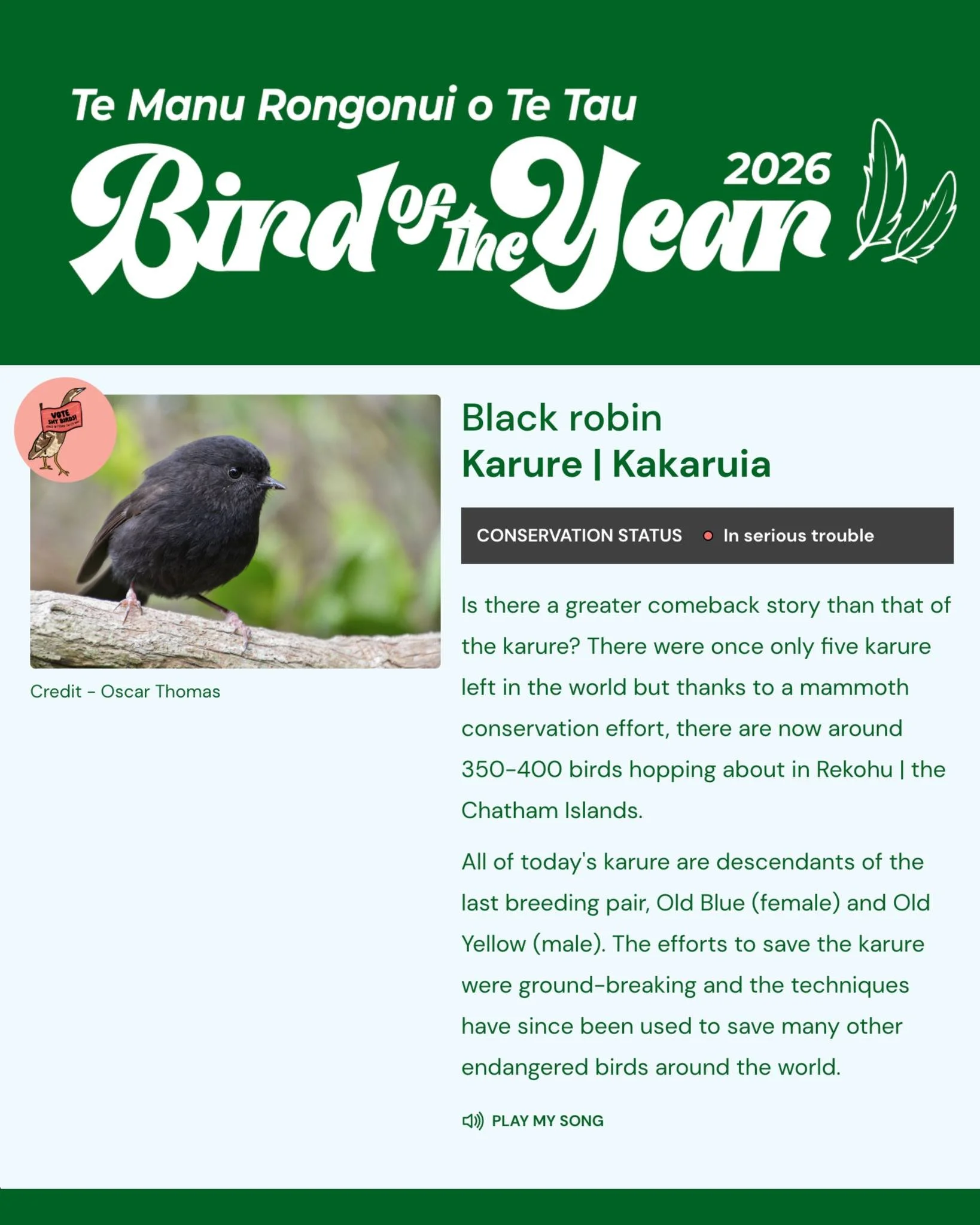 The karure (Chatham Islands black robin) is Bird of the Year 2026!

We based our logo, illustrated by Sarah Maxey, on the black robin. Our own &ldquo;comeback bird&rdquo; as we started Mary Egan Publishing after Gerard&rsquo;s death.

Very happy to s