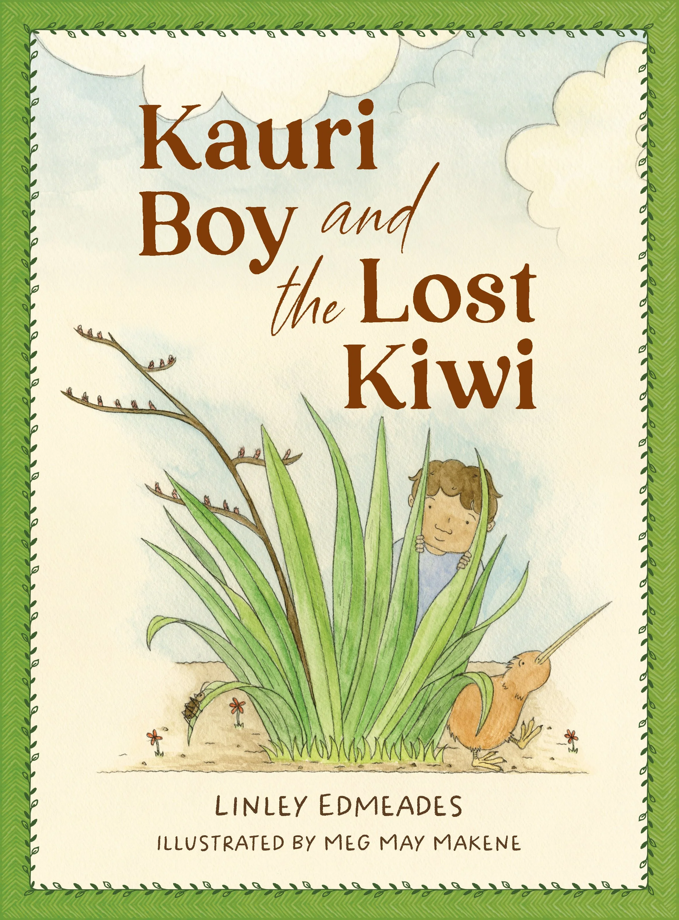 Kauri Boy and the Lost Kiwi book cover featuring a boy and a kiwi at a bus stop in a New Zealand landscape, illustrated by Meg May Makene and written by Linley Edmeades.