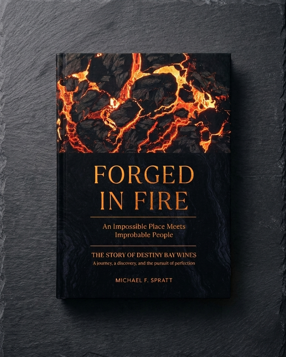 A hardcover book titled 'Forged in Fire' with a dark cover featuring fiery molten lava cracks, placed on a black textured surface.
