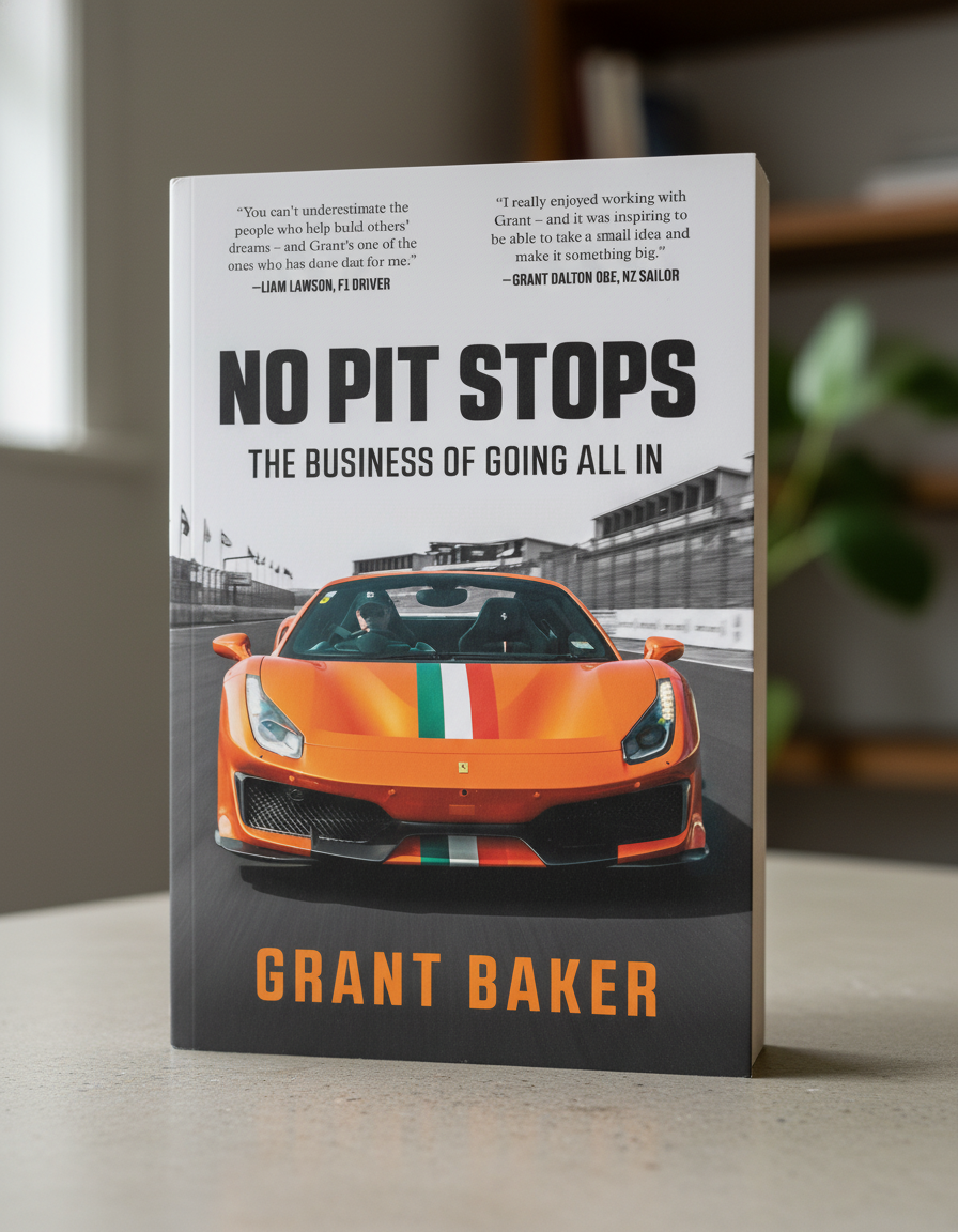 Book titled "No Pit Stops: The Business of Going All In" with a picture of an orange sports car with racing stripes on the cover. Background is slightly blurred, with a plant and shelves visible.