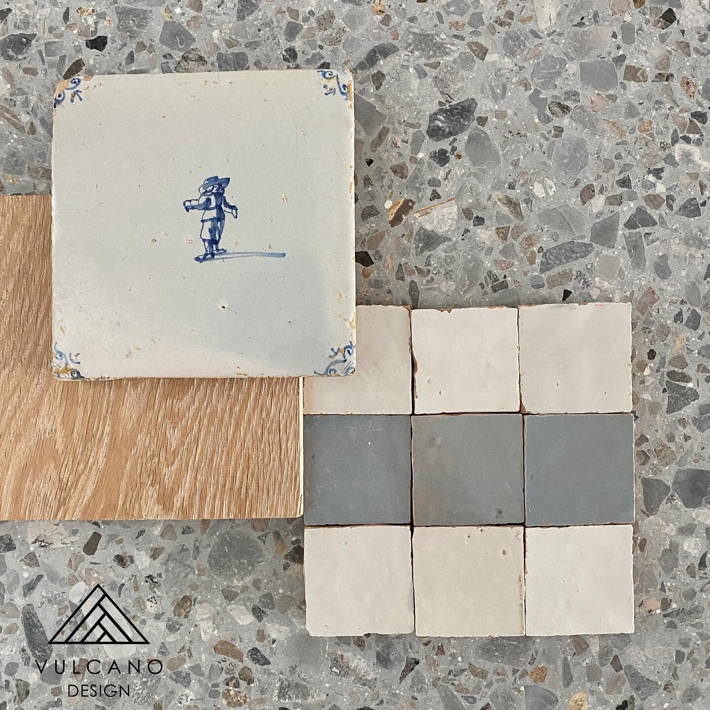 Multi national offerings, European Solid white Oak planks &ldquo;Maison&rdquo;, Italian Terrazzo &ldquo;Grigio Serio&rdquo; Moroccan 50x50 Zellige in &ldquo;Lily&rdquo; &amp; &ldquo;Blue Moon&rdquo; and our star 🌟 Dutch Delft tile circa 1650 &ldquo;