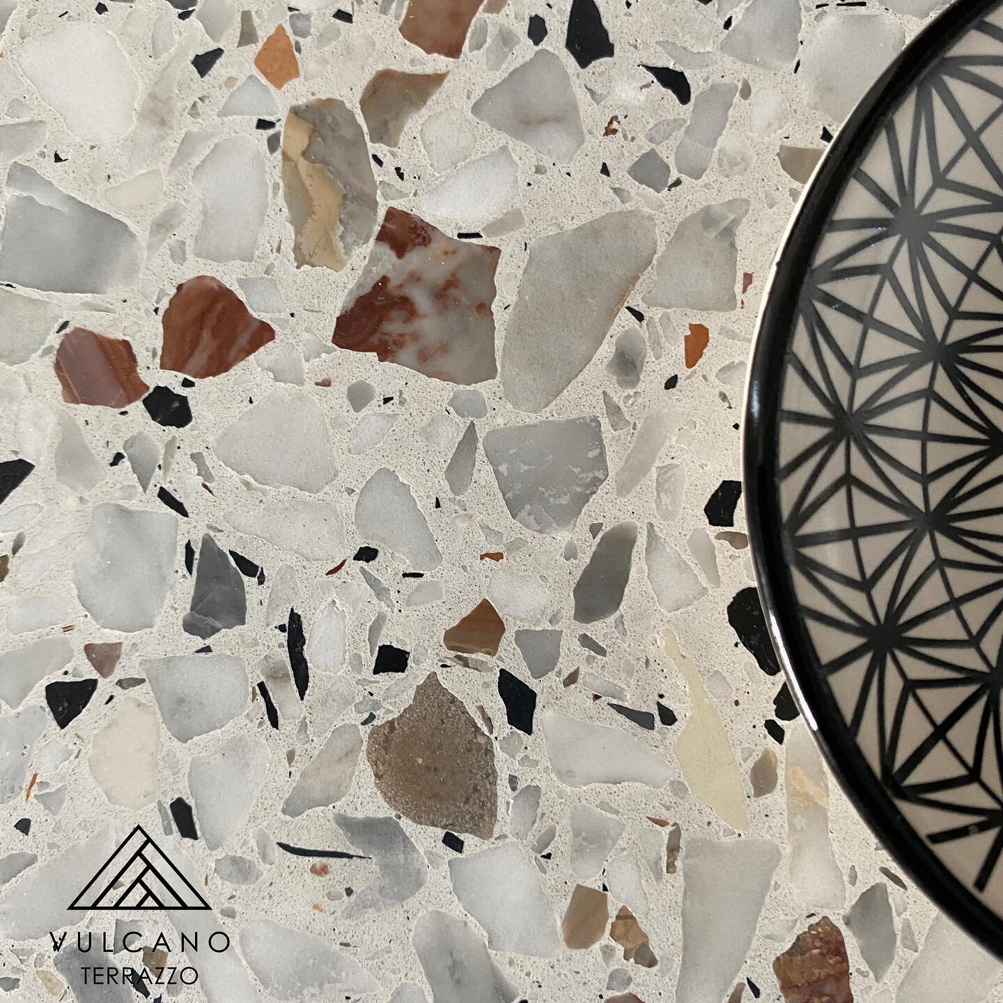 Detail of our new &ldquo;Arlecchino&rdquo; Italian Terrazzo with a slice of a Veronese coffee cup purchased when the world was open and safe. Thanks to our Italian friends for their wonderful work in keeping the wheels of industry moving. A classic c