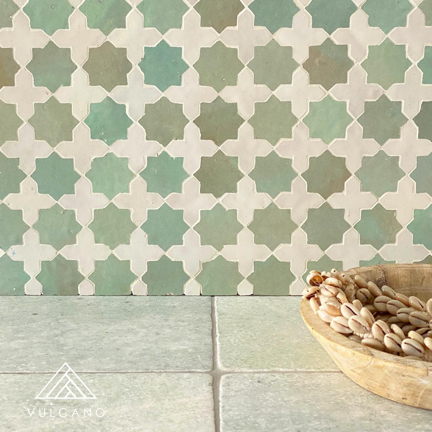 The subtlety of colour in our handmade Moroccan series is beautifully shown in Moroccan panels. Like a landscape behind a delicate lattice, organic colours change through earthy tones to various greens. Room complete with tumbled Verdi Cristallo marb