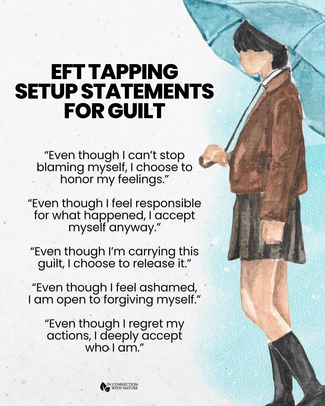 Guilt can weigh heavily on your mind and body, keeping you stuck in cycles of regret and self-blame. 

EFT tapping can help you release this emotional weight. By tapping on specific acupressure points while acknowledging your feelings, you can calm y