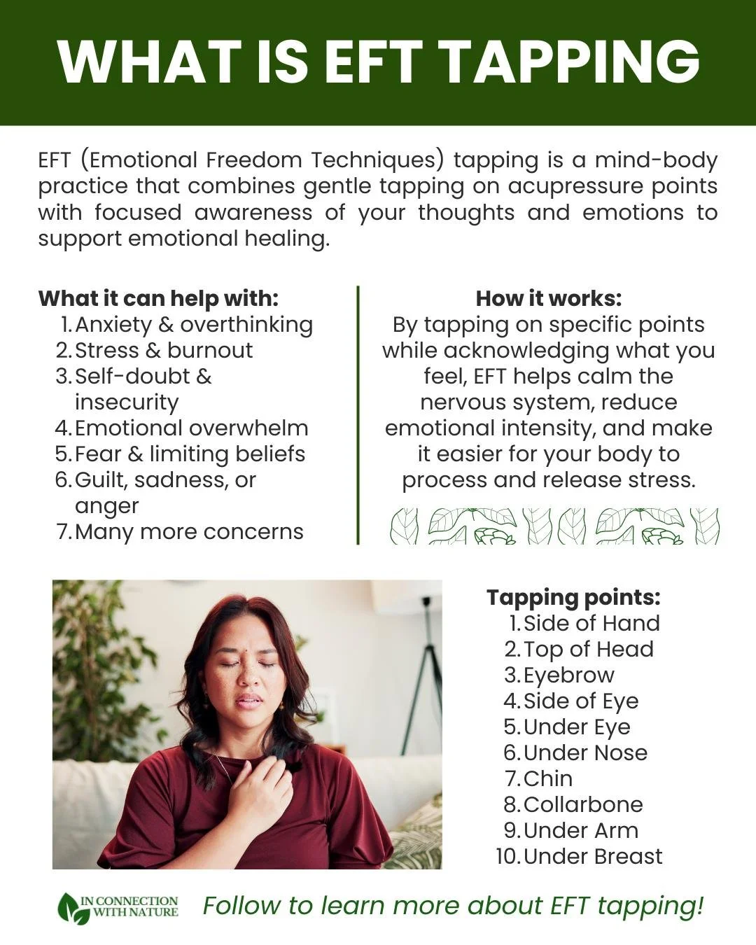 EFT tapping (Emotional Freedom Technique) is a simple yet powerful practice that helps calm the nervous system, process emotions, and support emotional healing. By combining gentle tapping on acupressure points with focused awareness, it creates a sp