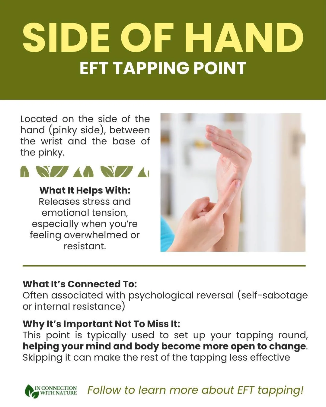 The side of the hand point is where every EFT tapping sequence begins.

This point helps reduce internal resistance and signal safety to the body, making it easier to process and release negative thoughts and emotions as you continue tapping. Think o
