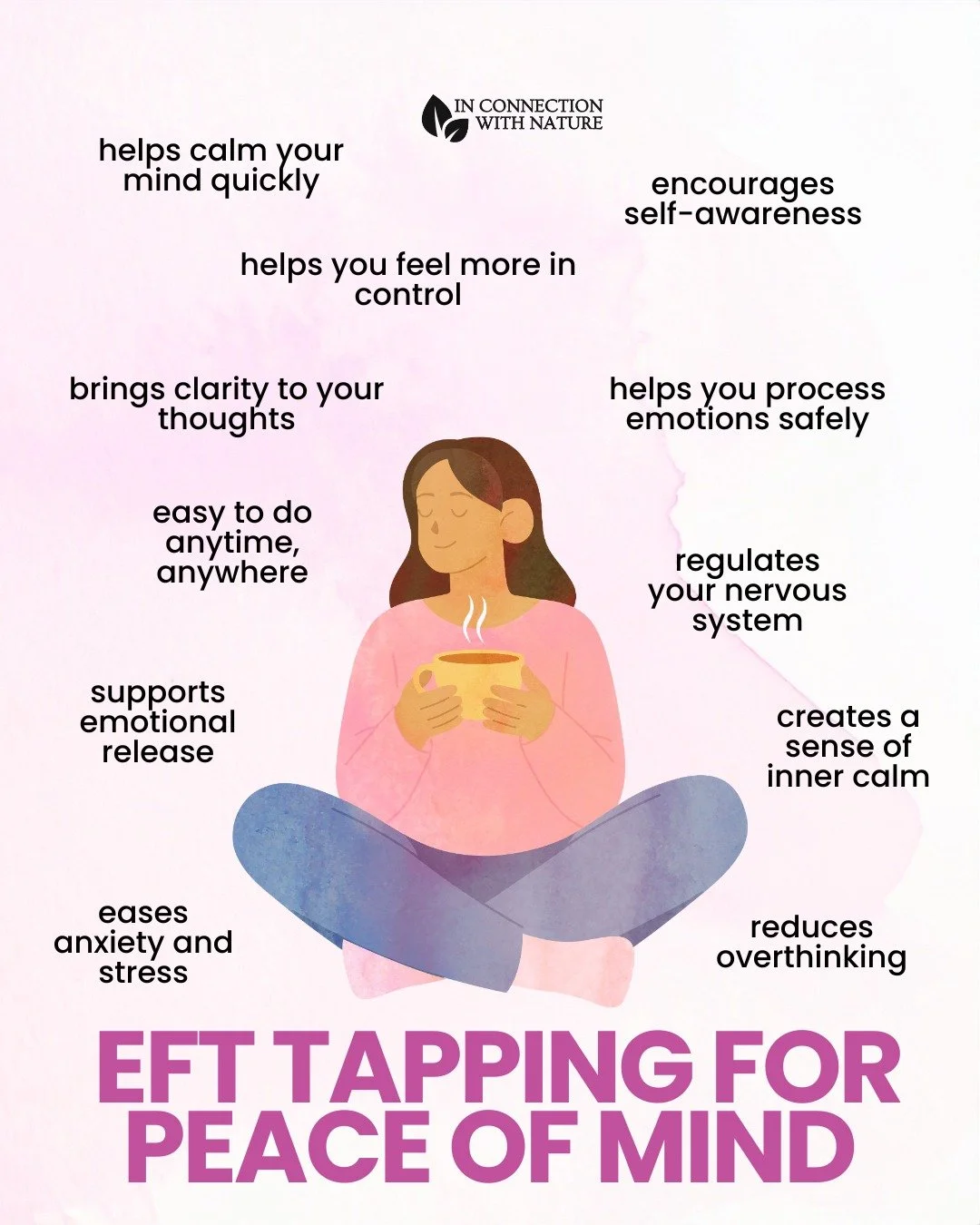 Finding peace of mind can be done with EFT tapping. This is a simple yet powerful practice that helps you slow down, reconnect with yourself, and create a sense of calm from within. By combining gentle tapping with mindful awareness, it supports your