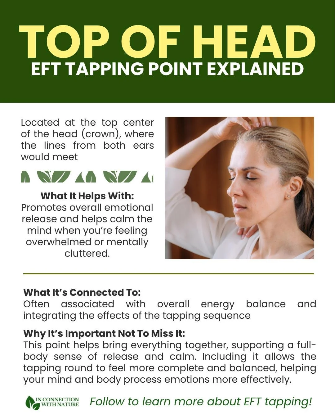 The top of the head point is often used to complete and integrate your EFT tapping sequence.

This point helps support overall emotional release and bring a sense of calm and clarity to both the mind and body. Think of it as the point that helps ever