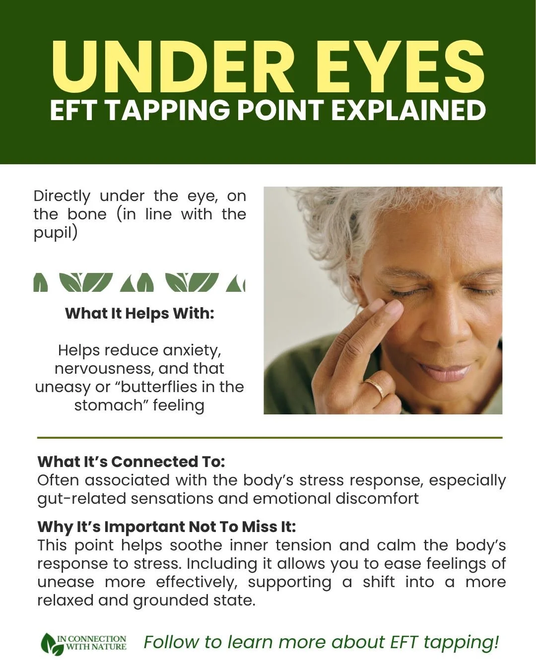 The under eye point is closely connected to feelings of anxiety, unease, and that &ldquo;knot in your stomach&rdquo; sensation that shows up when you&rsquo;re overwhelmed. It&rsquo;s often where nervousness and emotional discomfort become more notice