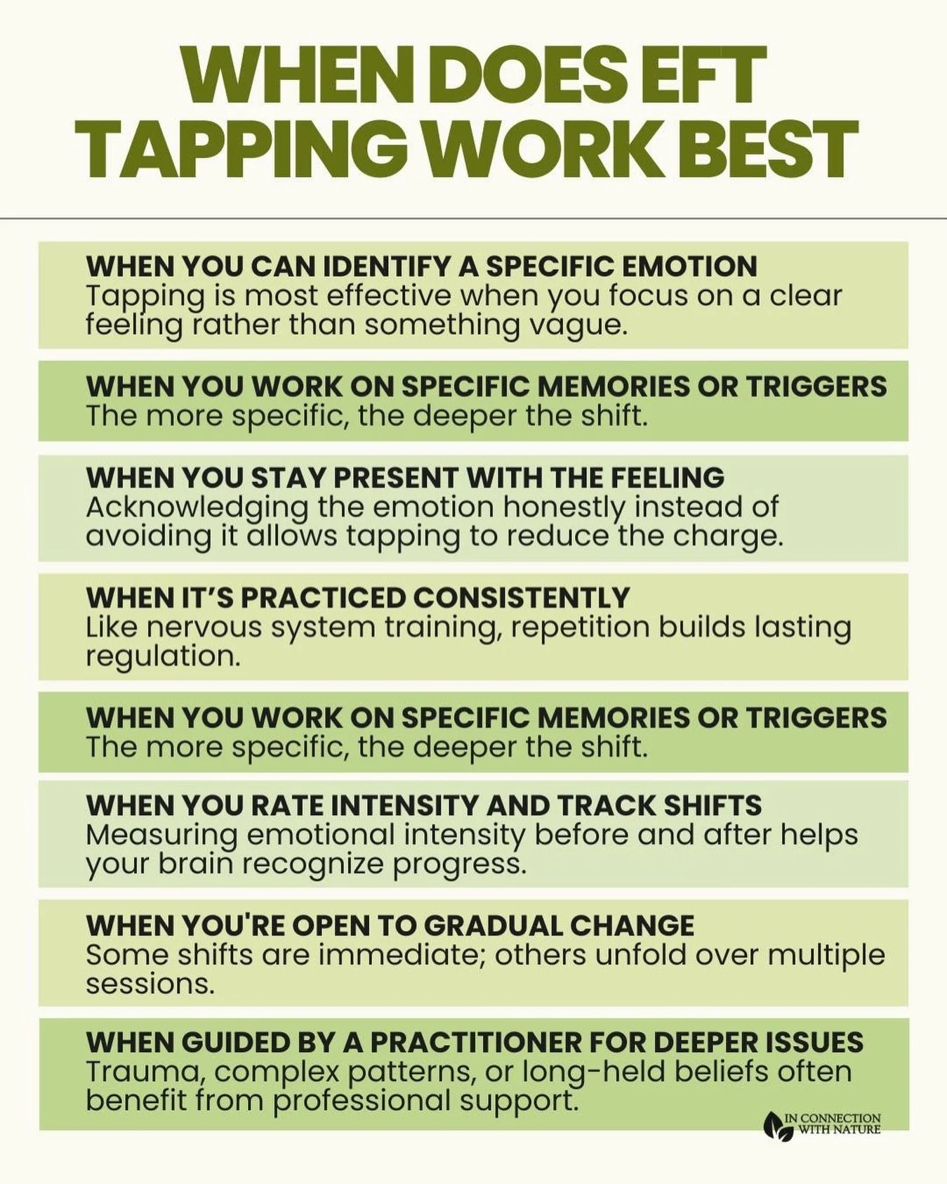 EFT tapping is a powerful tool for emotional healing, but like any practice, it works best under the right conditions.

Understanding when EFT tapping works best helps set expectations and improve results. When used intentionally and appropriately, E