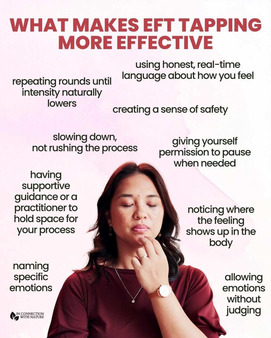 EFT tapping becomes more effective when it&rsquo;s done with presence, safety, and intention, not pressure. It's not about doing it perfectly, but about creating enough safety within yourself to allow release and regulation to happen naturally.

Here