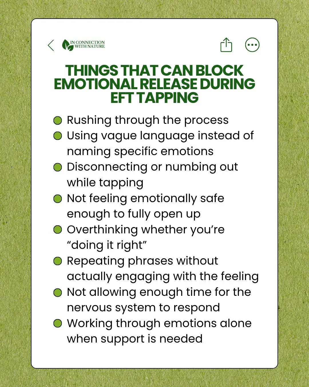 EFT tapping is a simple yet powerful mind-body practice that helps support emotional regulation and nervous system balance.

The practice is based on the idea that emotional stress is not just &ldquo;in your head,&rdquo; but also stored and experienc