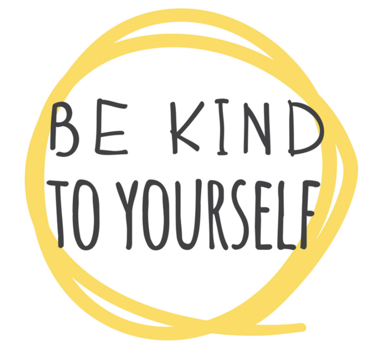 White background with black text that reads: "be kind to yourself." Around the text are yellow circles.