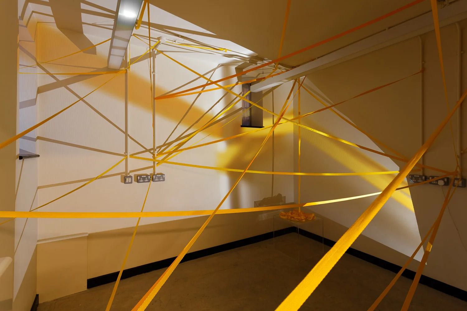 Holly Rowan Hesson, Bend or break , 2018, webbing, found perspex box, projection (15 looped photographs)
