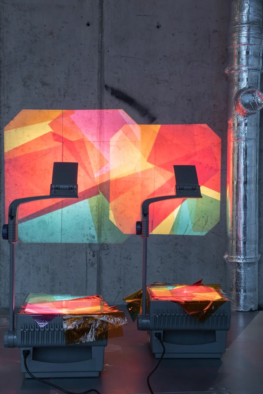 Holly Rowan Hesson, Subduction , 2018, OHPs, transparencies, glass, dimensions variable
