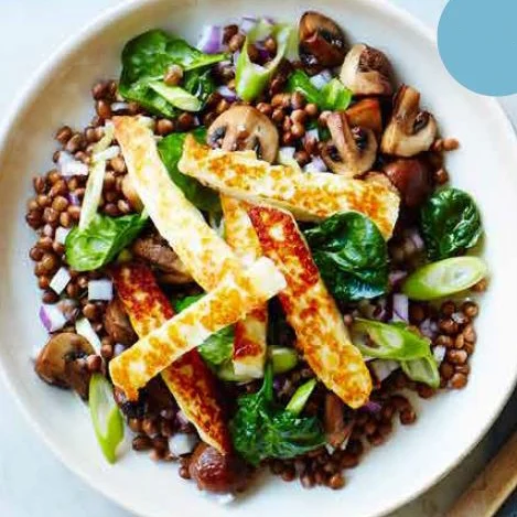 Halloumi and Lentils w/ Garlic Butter Mushrooms & Wilted Spinach