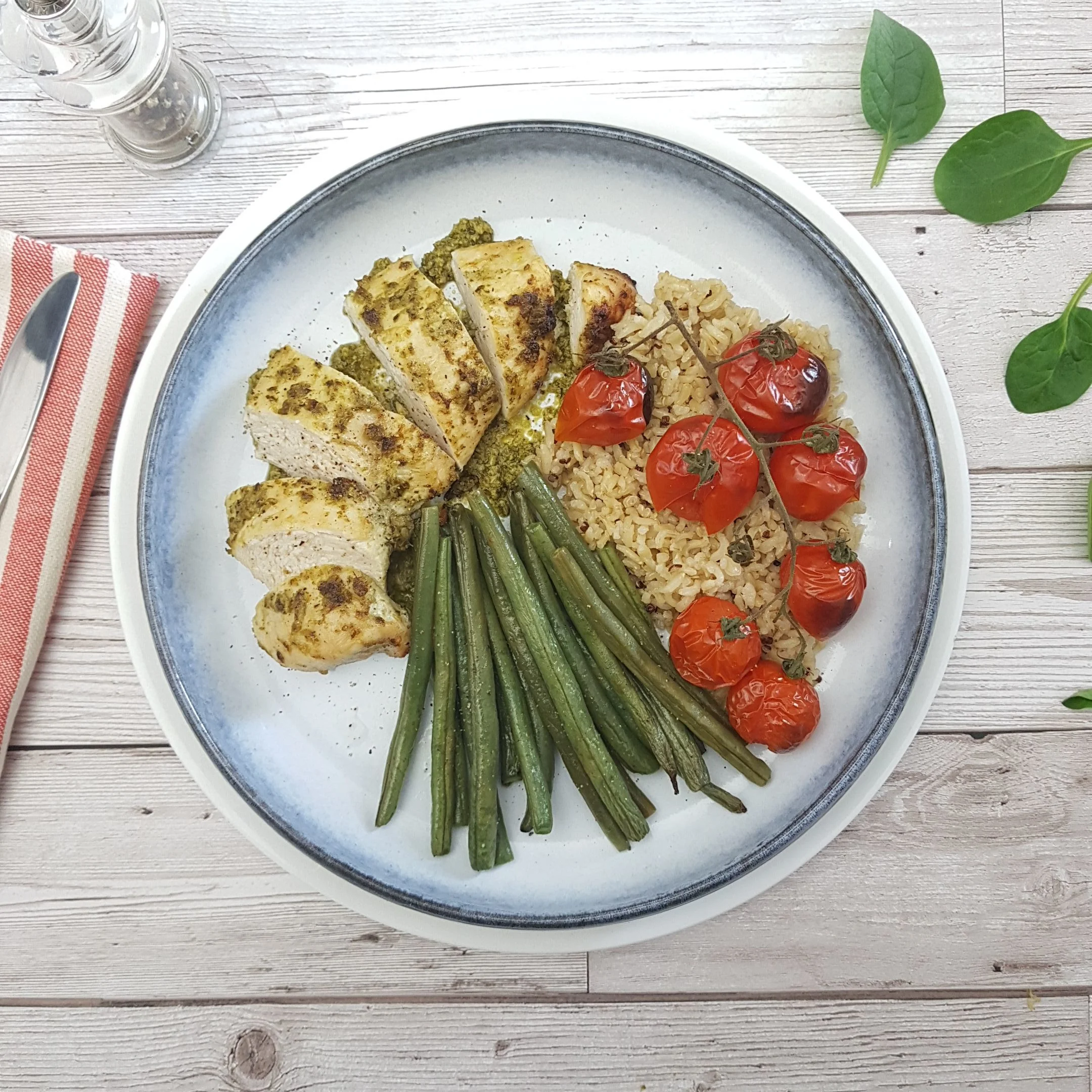 Pesto Chicken, Green Beans, Roast Toms & Rice — Tiny Budget Cooking