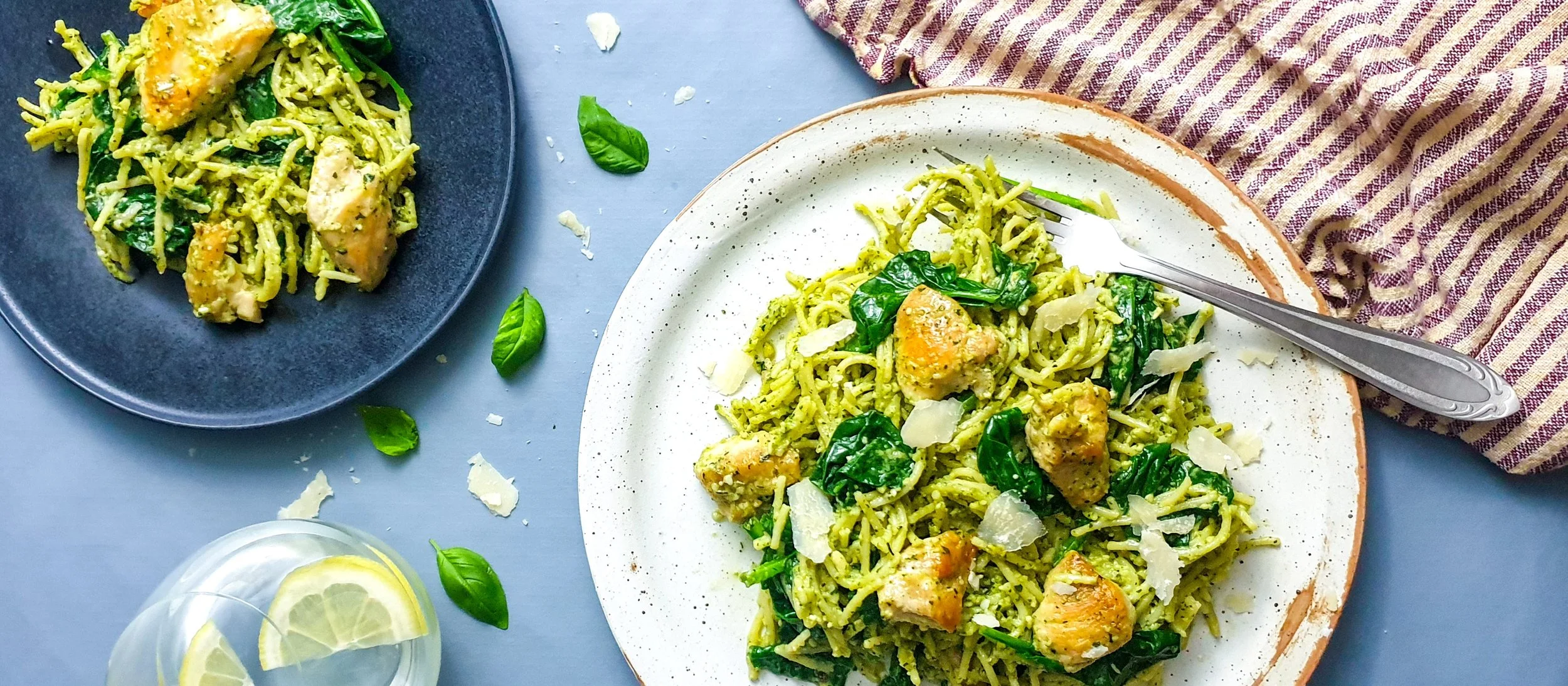 Low FODMAP pesto chicken pasta with spinach, from the dietitian-approved 7-day meal plan